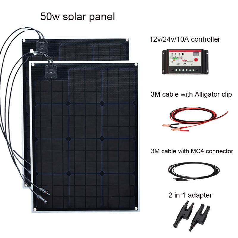 100W Monocrystalline Solar Panel System 12V/24V 10A Controller MC4 Connector Cable